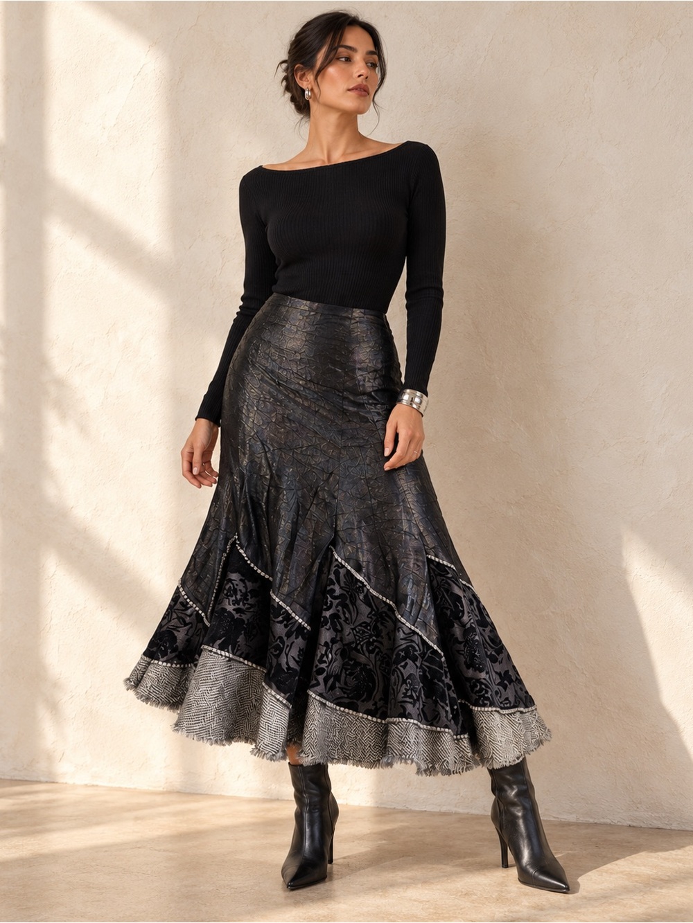 Statement Y2K Mermaid-Cut Crinckle Midi Skirt Iridescent Lace Tweed Voluminous L